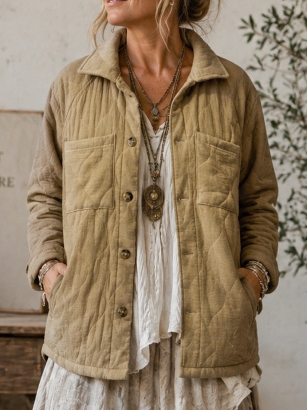 Bibi Tan Quilted Shacket Jacket Women's Size S Oversized Beige Gauze Cotton NWT